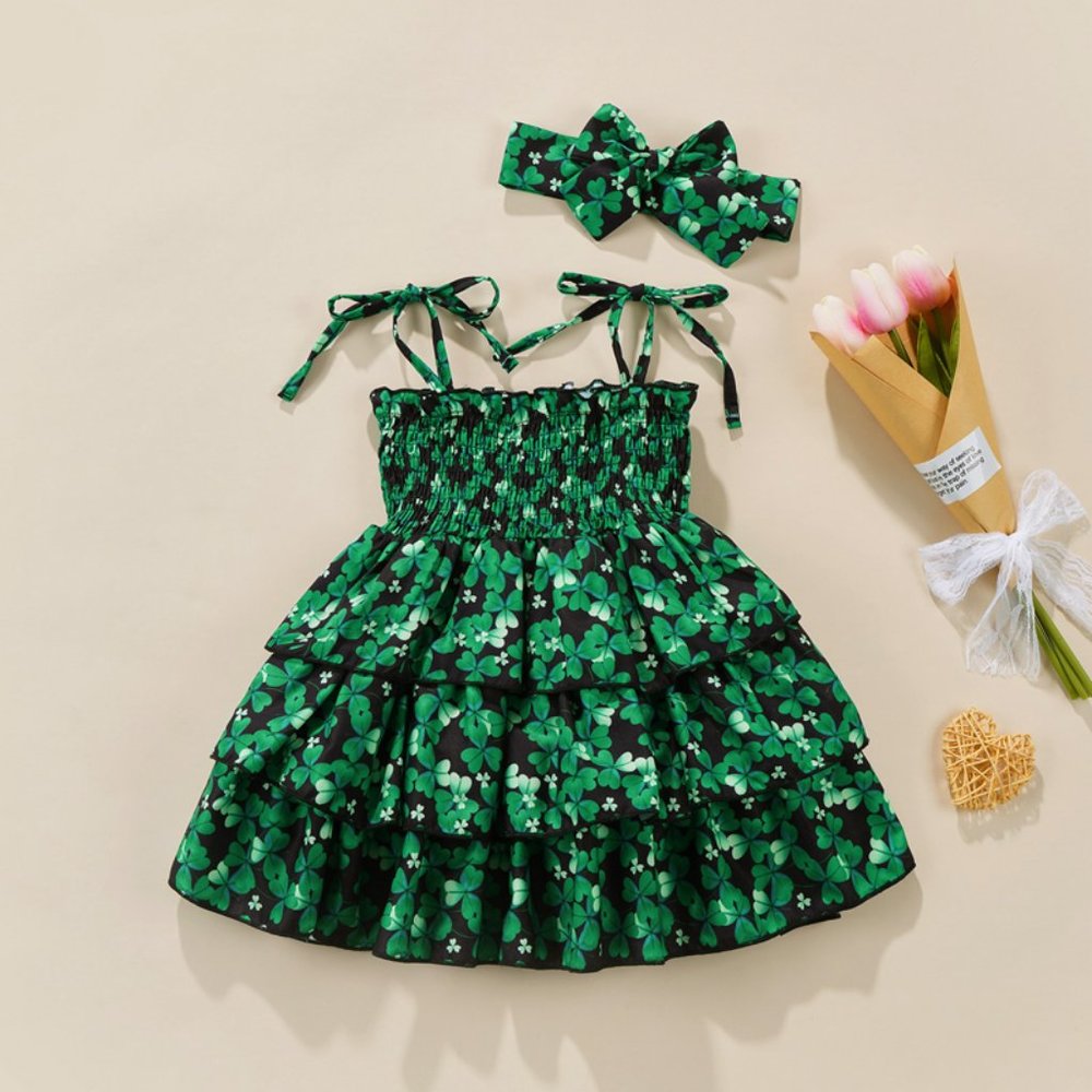 St Patricks Day Girls Green Shamrock Smocked Dress Headband Set